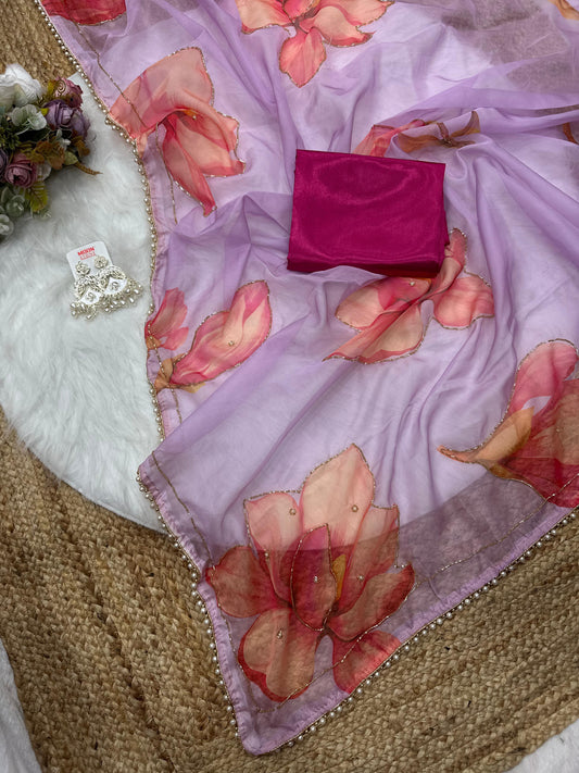 Soft Tabby Organza Silk Saree with Cut Bead Work