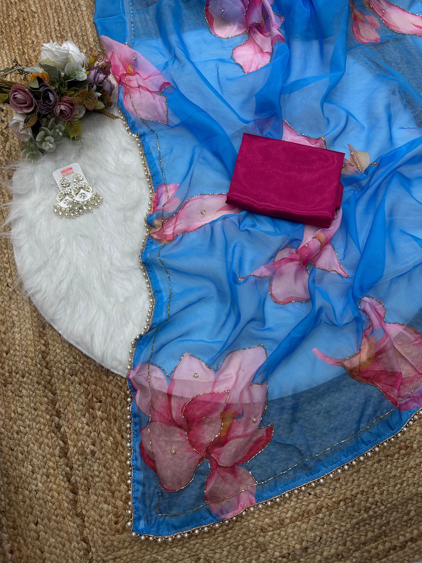 Soft Tabby Organza Silk Saree with Cut Bead Work
