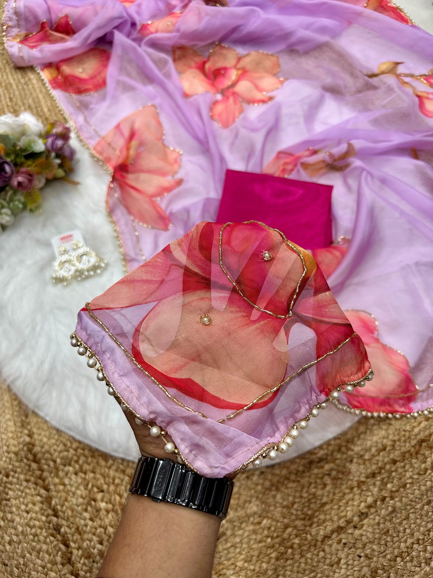 Soft Tabby Organza Silk Saree with Cut Bead Work