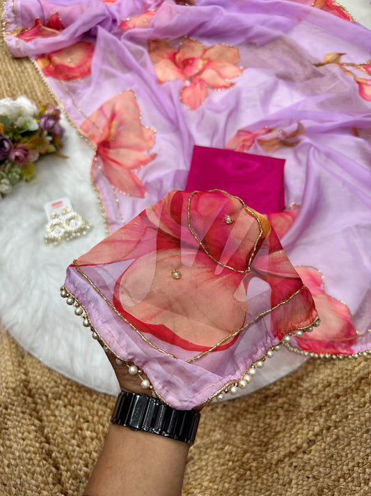 Soft Tabby Organza Silk Saree with Cut Bead Work