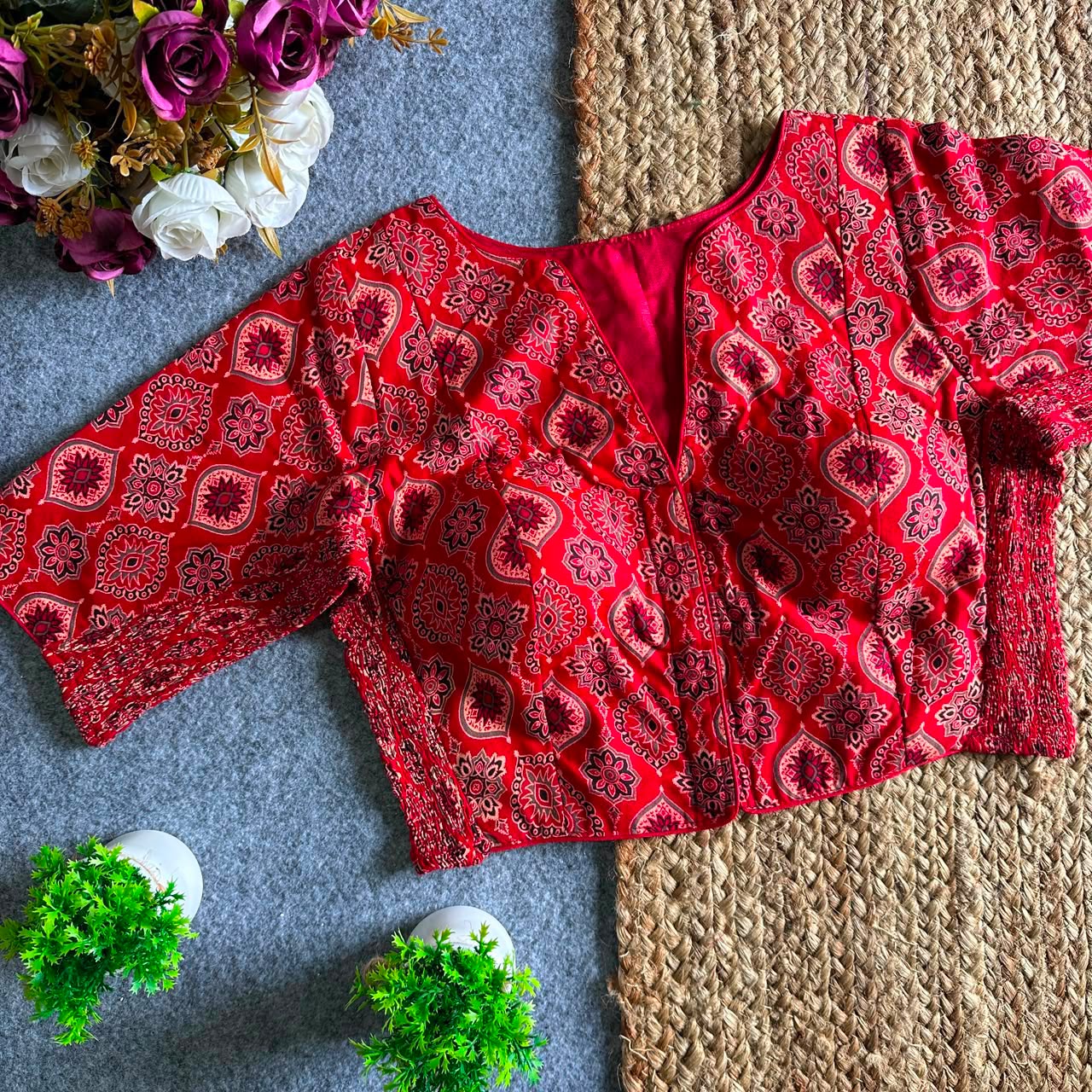 Stretchable Side Elastic Ajrakh Cotton Blouse – 50 AED