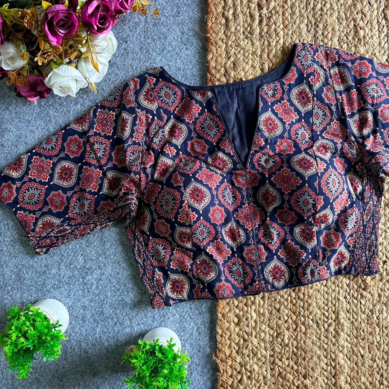 Stretchable Side Elastic Ajrakh Cotton Blouse – 50 AED