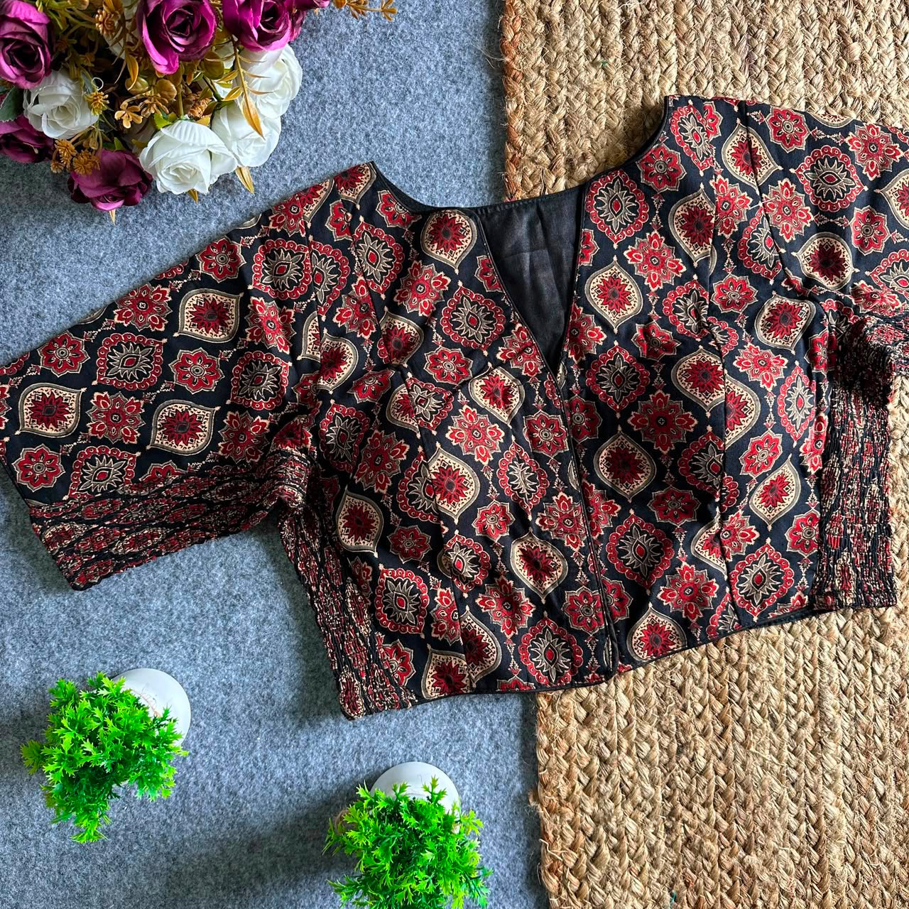Stretchable Side Elastic Ajrakh Cotton Blouse – 50 AED