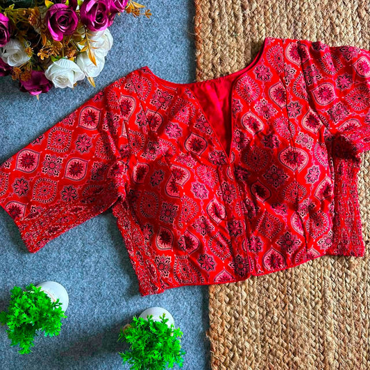 Stretchable Side Elastic Ajrakh Cotton Blouse