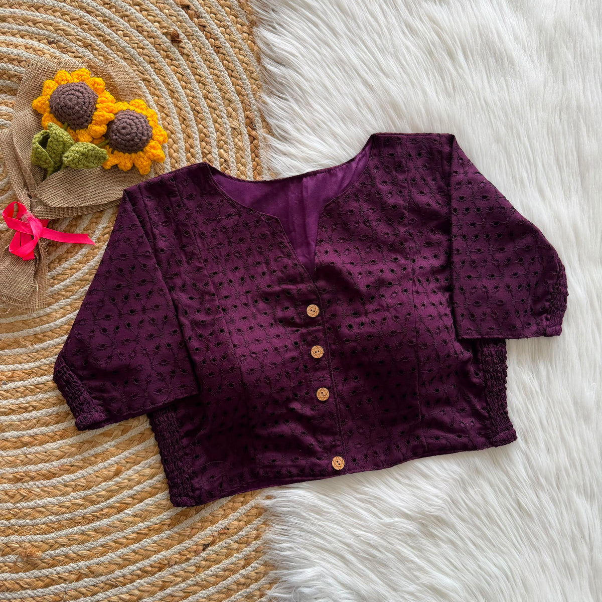 Cotton Hakoba Stretchable V-Neck Blouse