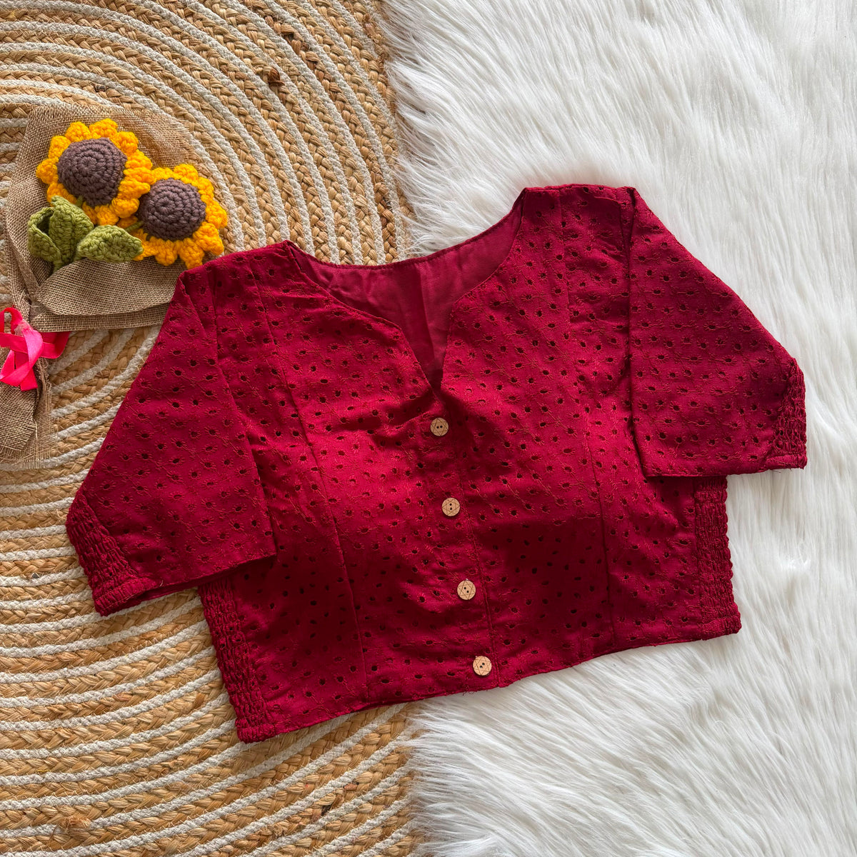 Cotton Hakoba Stretchable V-Neck Blouse