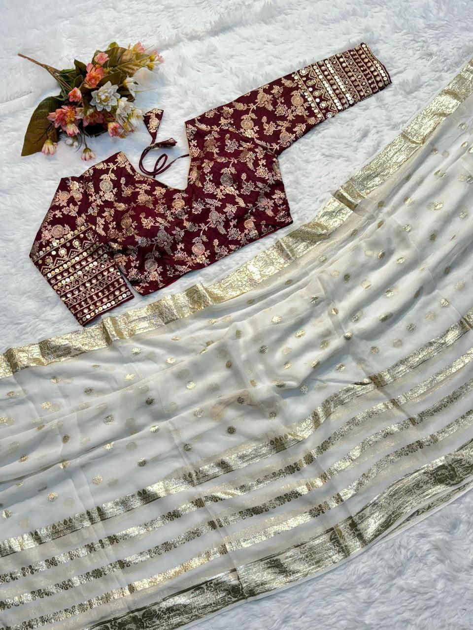 Georgette Viscose Saree with Dola Brocade Silk Readymade Blouse
