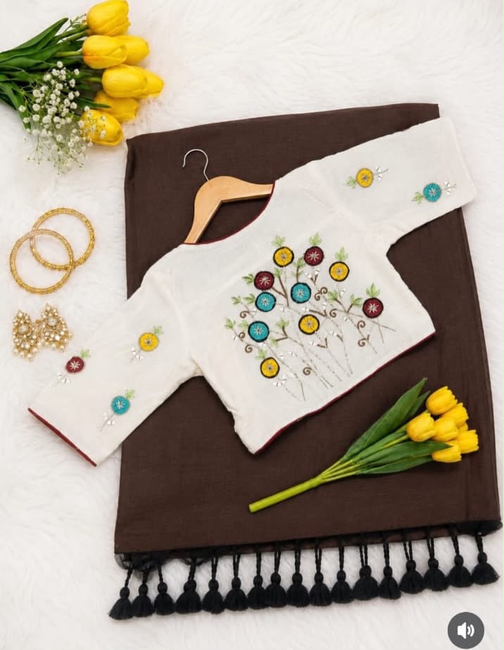 Khadi Cotton Embroidered Readymade Blouse with Plain Khadi Cotton Saree