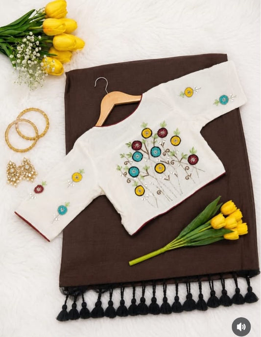Khadi Cotton Embroidered Readymade Blouse with Plain Khadi Cotton Saree