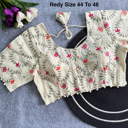 Plus Size Khadi Cotton Readymade Embroidered Blouse