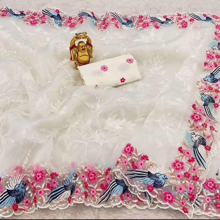 Organza Sequin & Embroidered Saree with Scalloped Borders