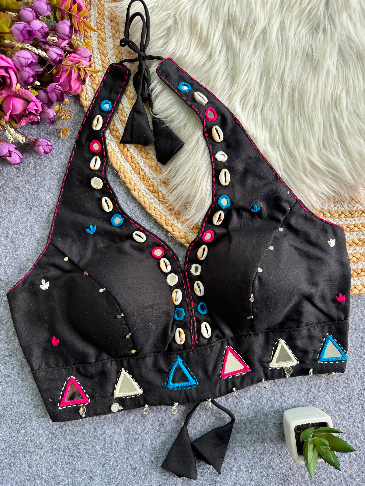 Navaratri Kodi & Mirror Work Halter Neck Readymade Blouse