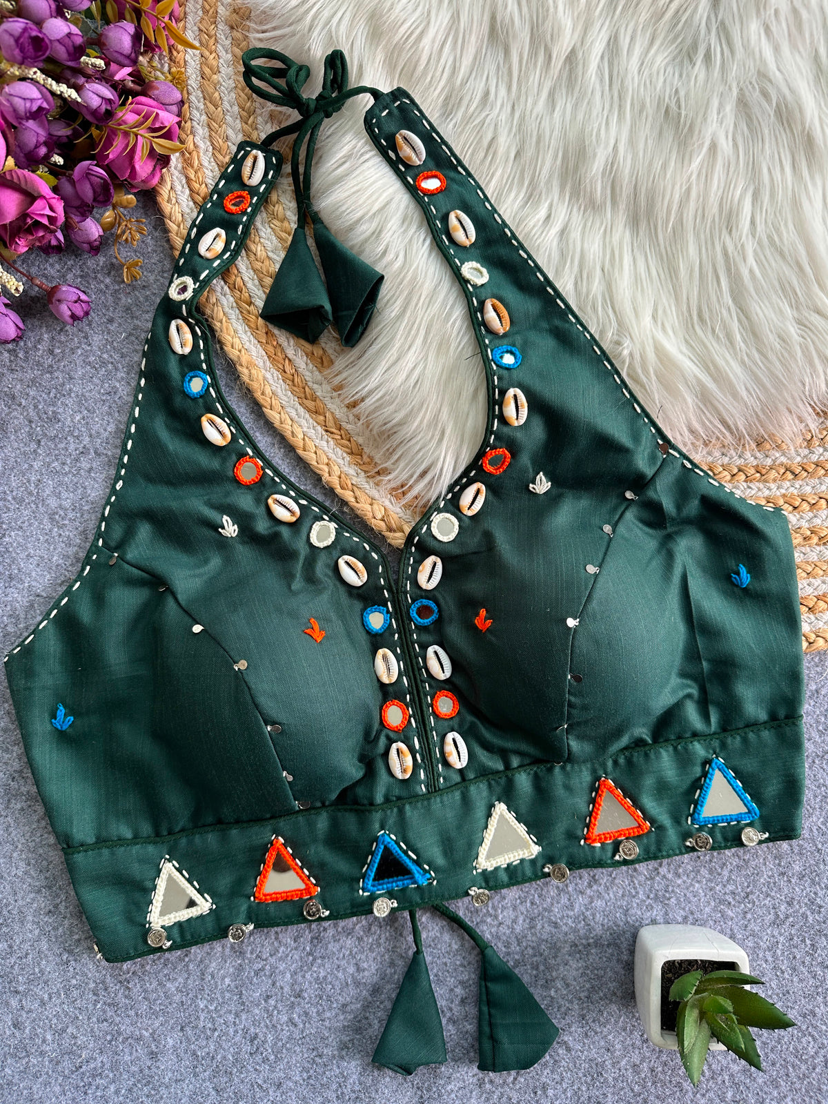 Navaratri Kodi & Mirror Work Halter Neck Readymade Blouse