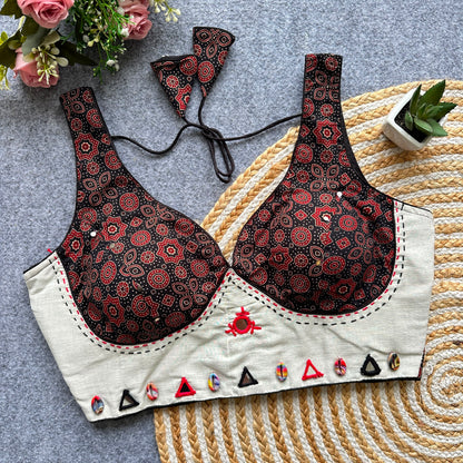 Navaratri Mirror Work Ajrakh Khadi Cotton Readymade Blouse