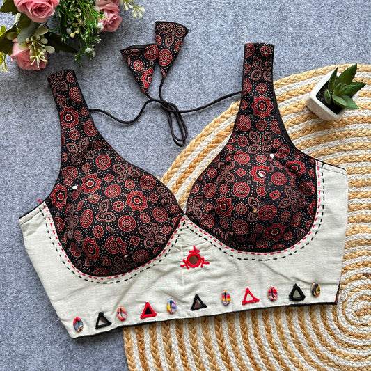 Navaratri Mirror Work Ajrakh Khadi Cotton Readymade Blouse