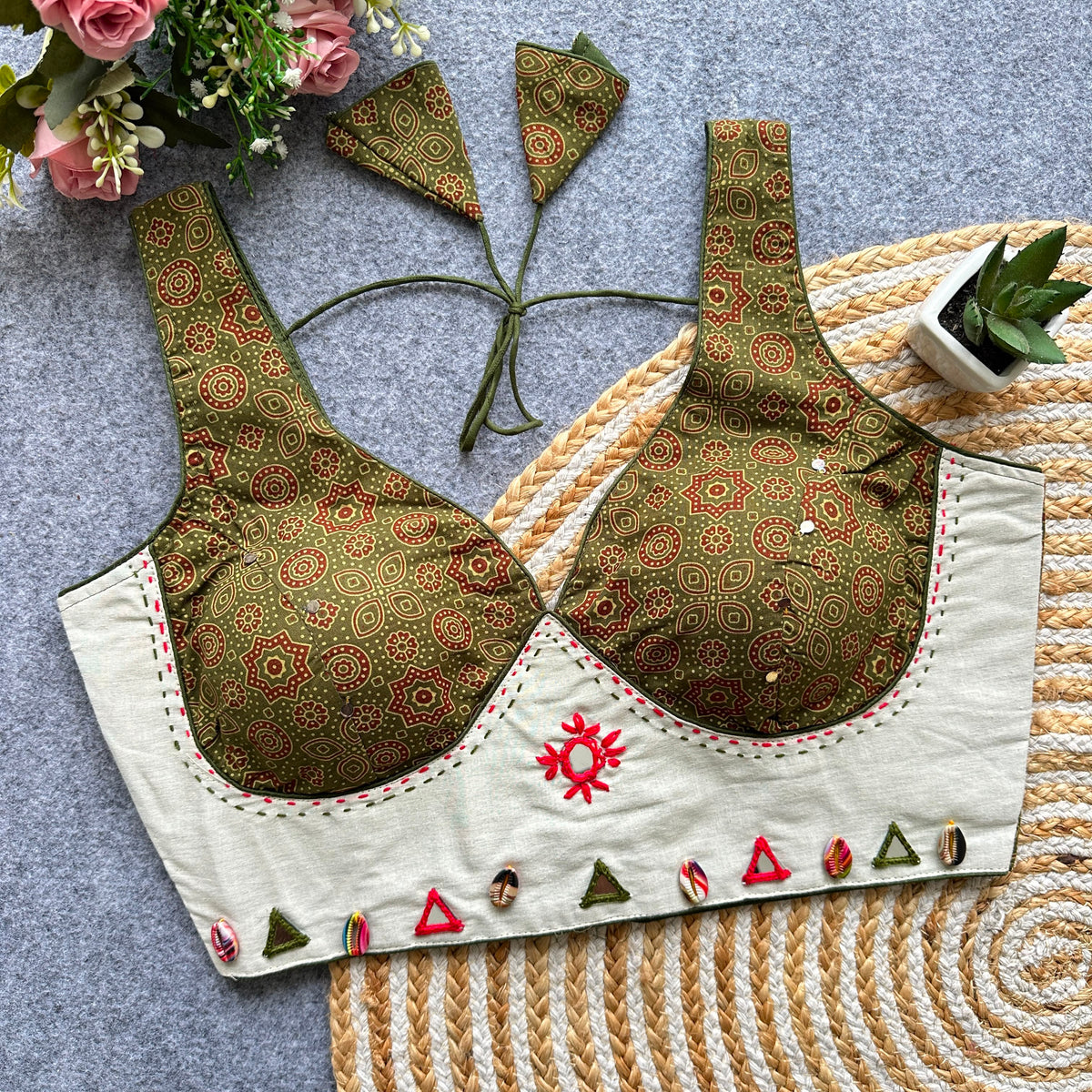 Navaratri Mirror Work Ajrakh Khadi Cotton Readymade Blouse