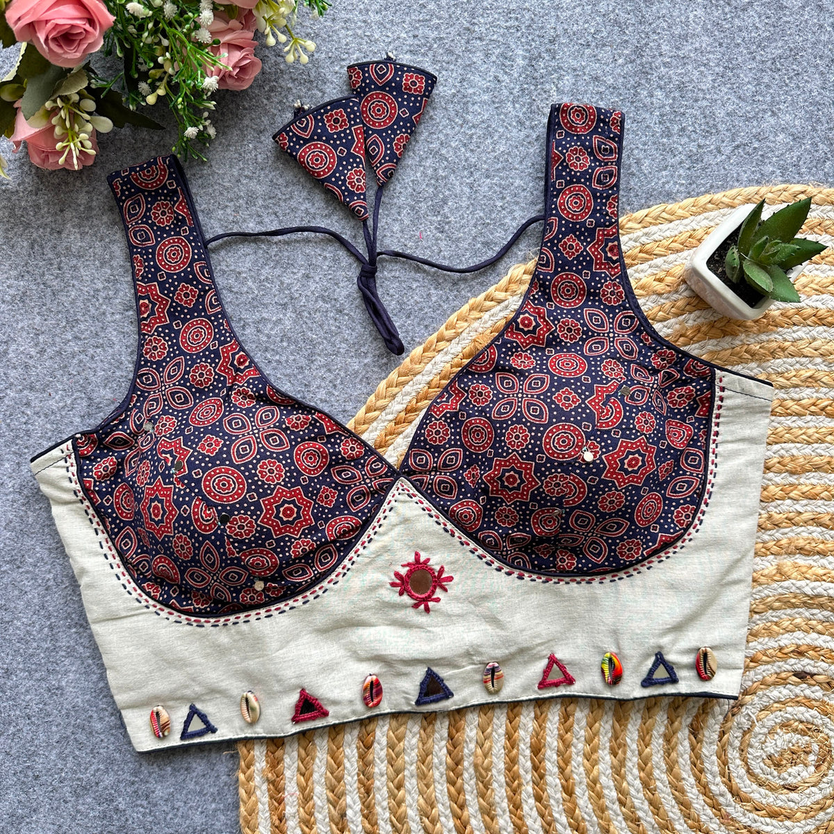 Navaratri Mirror Work Ajrakh Khadi Cotton Readymade Blouse