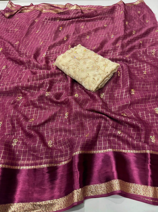 Georgette Viscose Checked Zari Weaving Saree