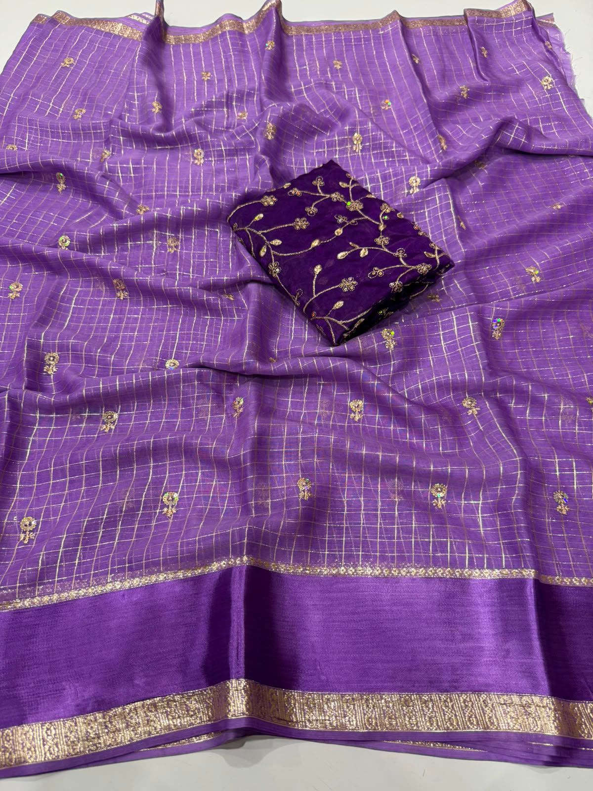 Georgette Viscose Checked Zari Weaving Saree