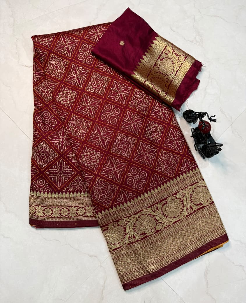 Moss Chiffon Silk Bandhini Saree