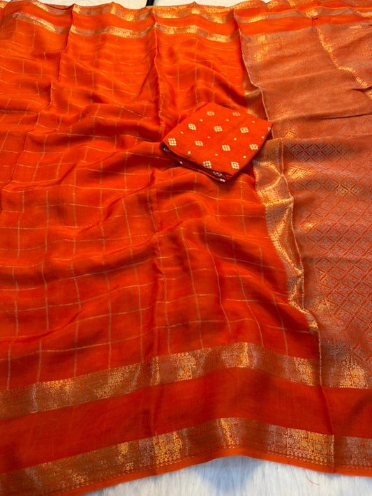 Viscose Georgette Zari Checked Saree