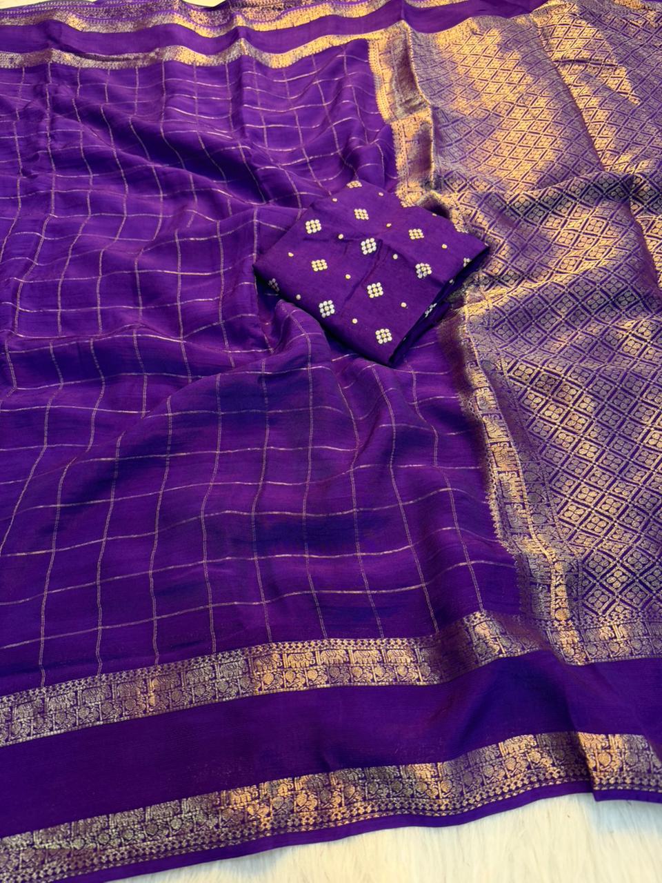 Viscose Georgette Zari Checked Saree