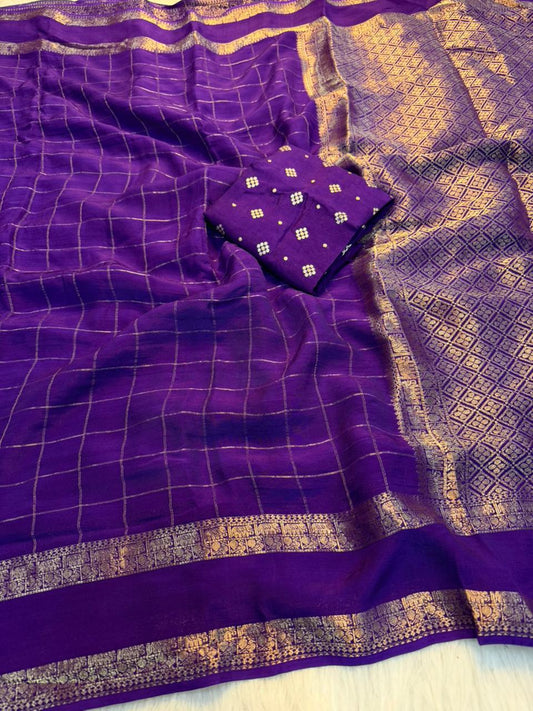Viscose Georgette Zari Checked Saree