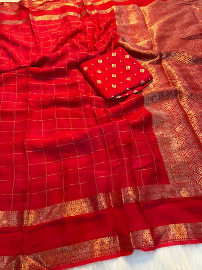 Viscose Georgette Zari Checked Saree