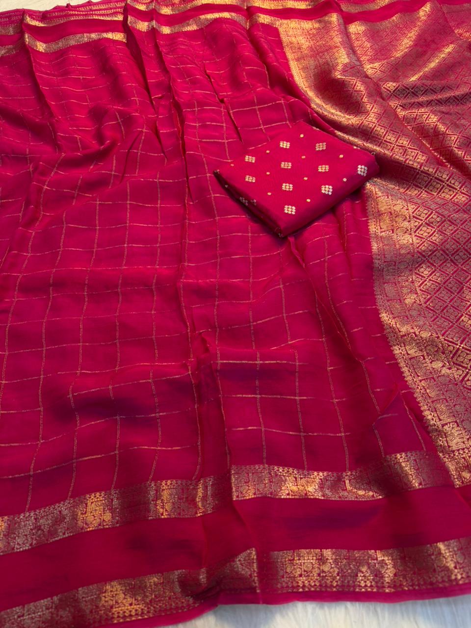 Viscose Georgette Zari Checked Saree