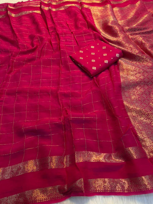 Viscose Georgette Zari Checked Saree