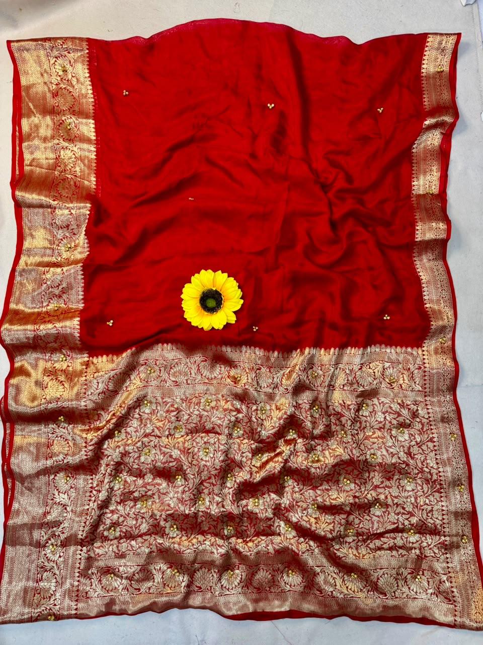 Cotton Satin Silk Saree with Gunguru Beads