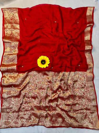 Cotton Satin Silk Saree with Gunguru Beads