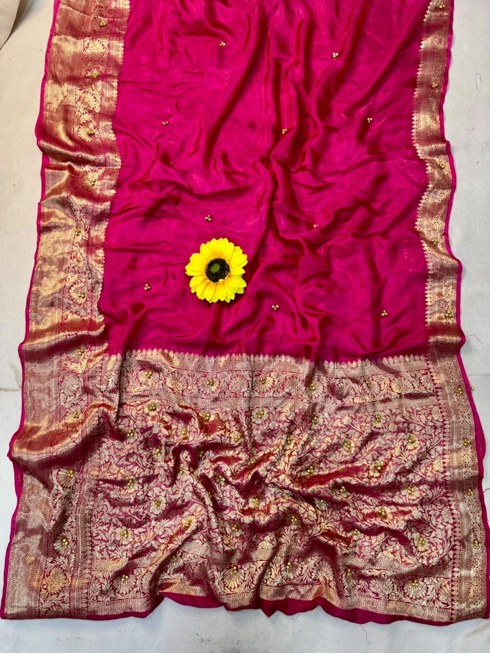 Cotton Satin Silk Saree with Gunguru Beads