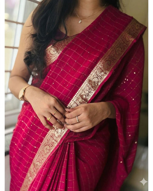 Viscose Georgette Zari Checked Saree with Viscose Zari Weaving Border