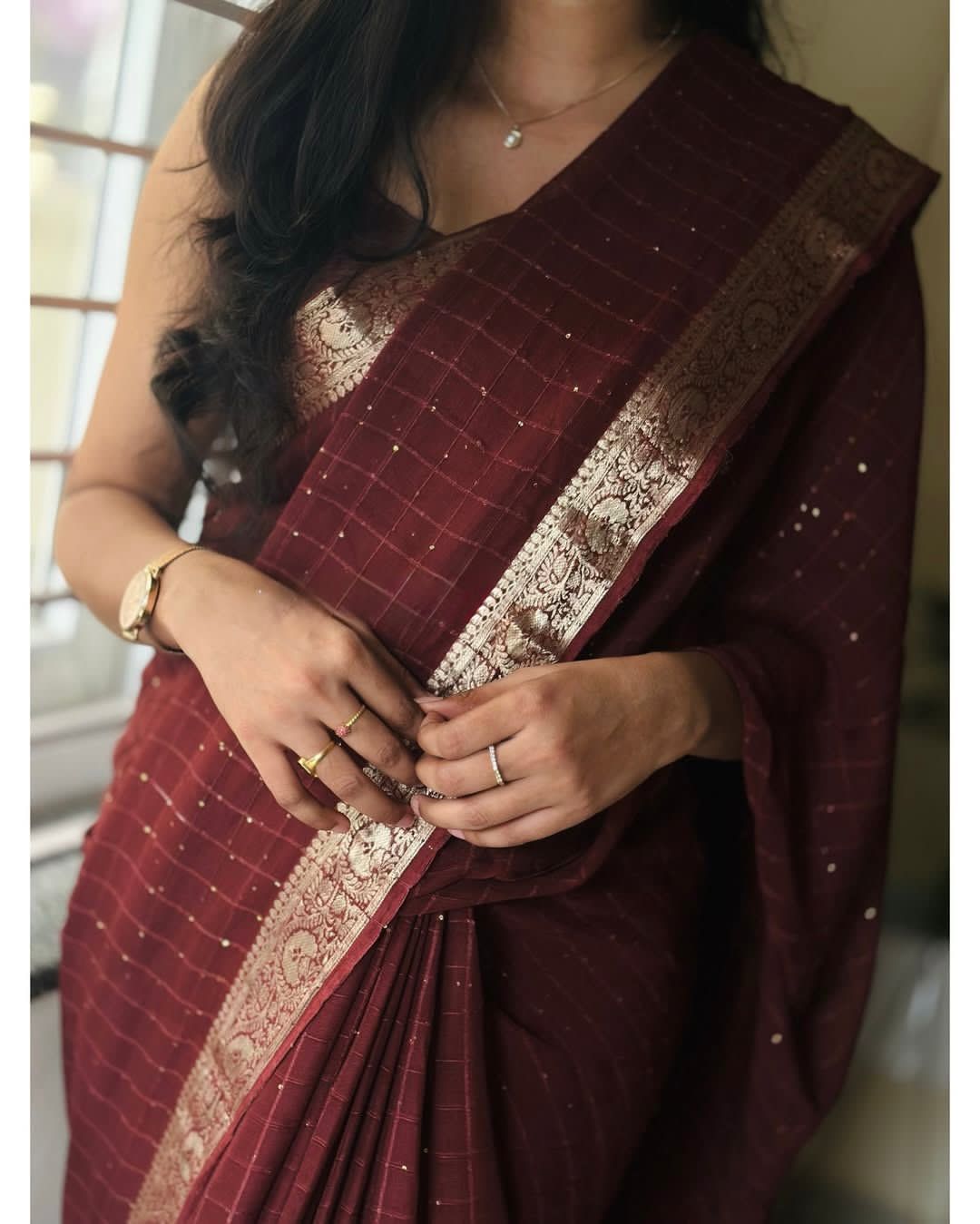 Viscose Georgette Zari Checked Saree with Viscose Zari Weaving Borders