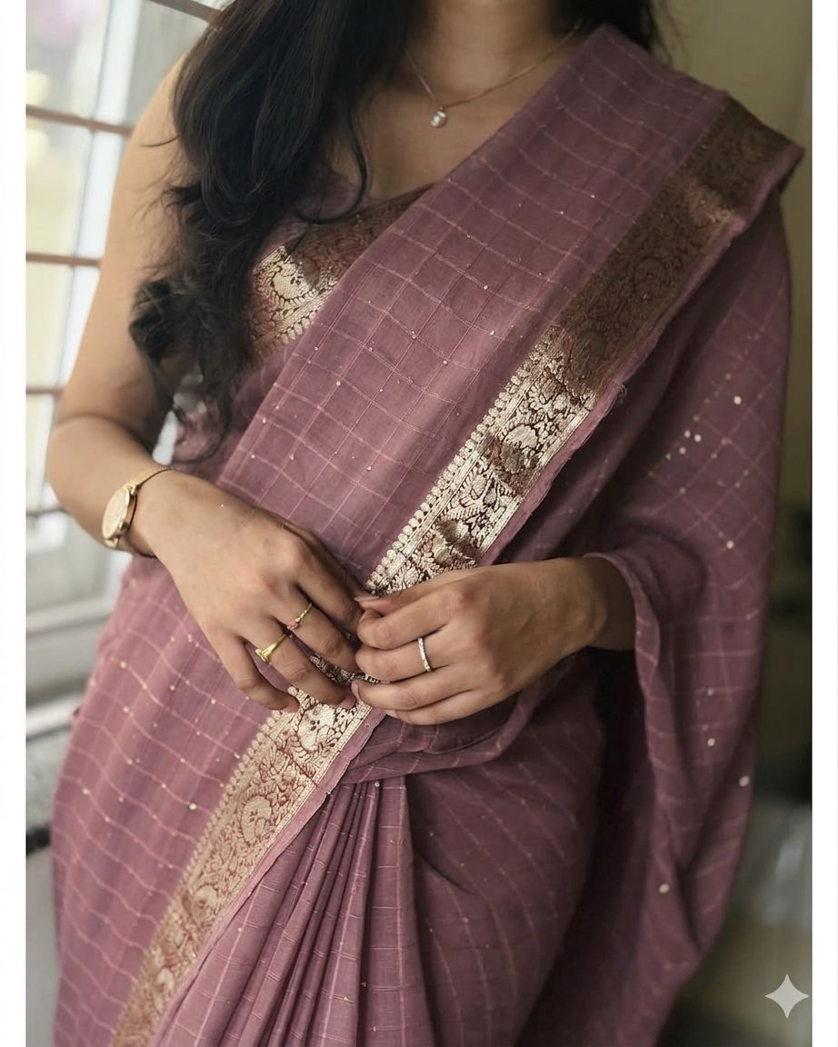 Viscose Georgette Zari Checked Saree with Viscose Zari Weaving Borders