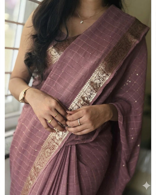 Viscose Georgette Zari Checked Saree with Viscose Zari Weaving Borders