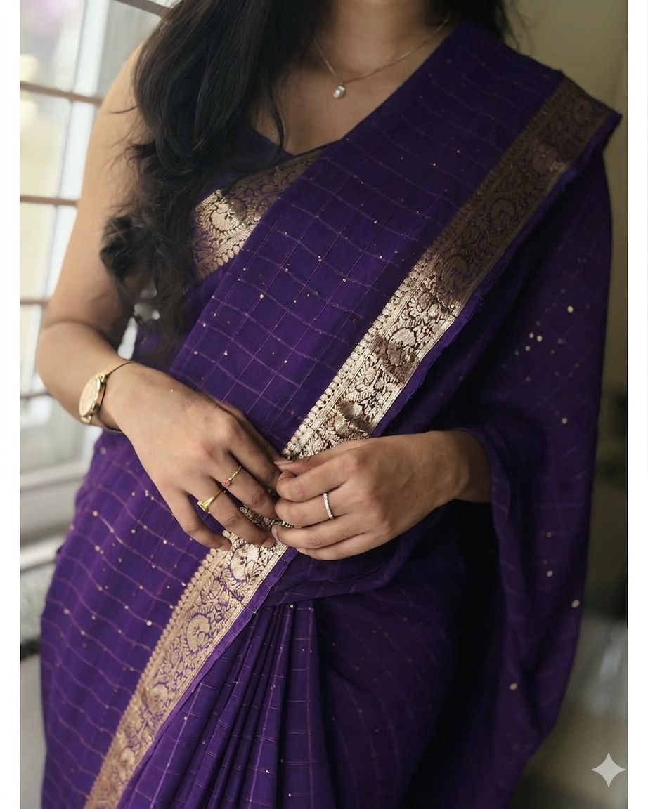 Viscose Georgette Zari Checked Saree with Viscose Zari Weaving Borders