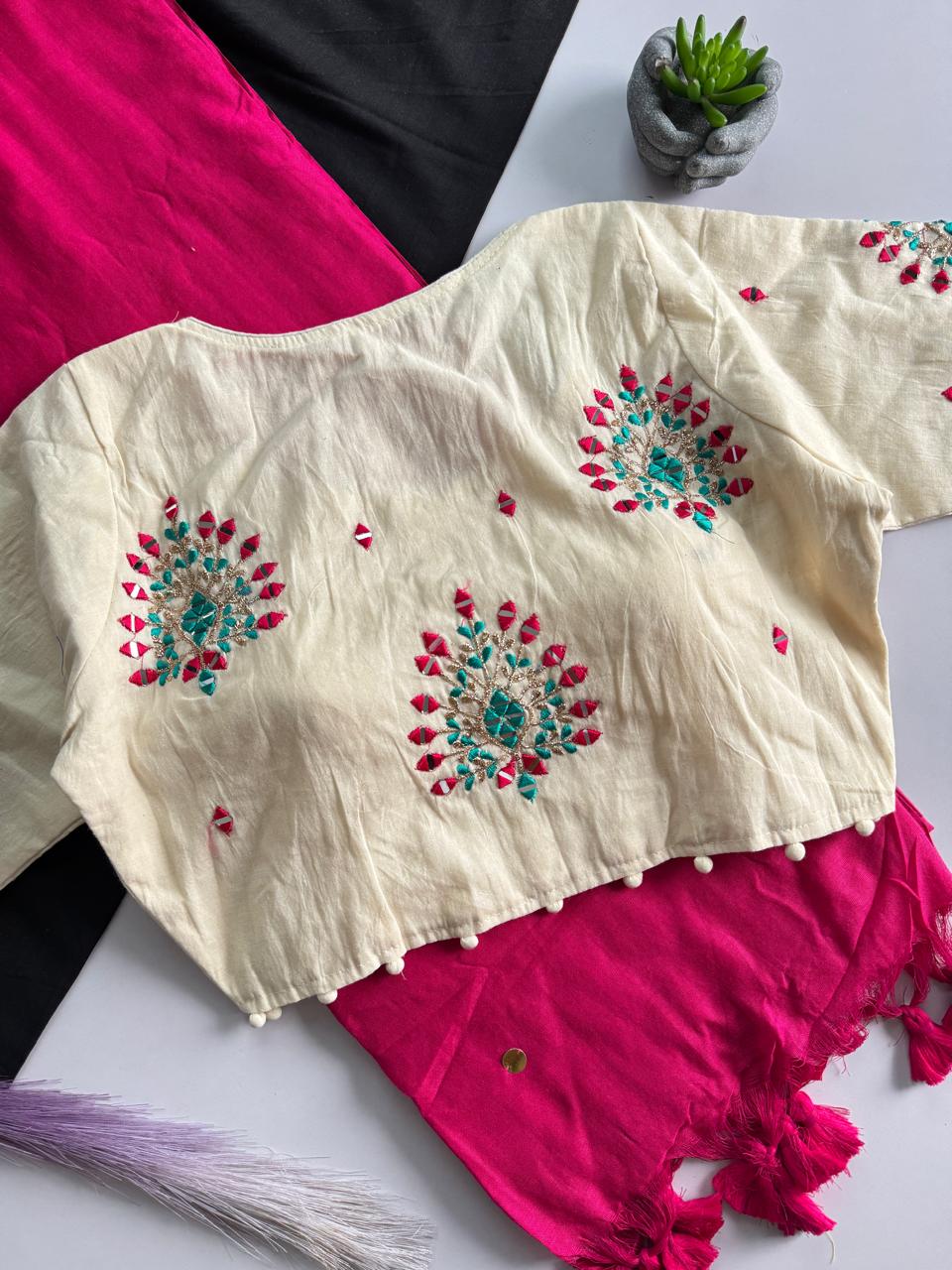 Khadi Cotton Saree with Gini Sequence & Embroidered Readymade Blouse