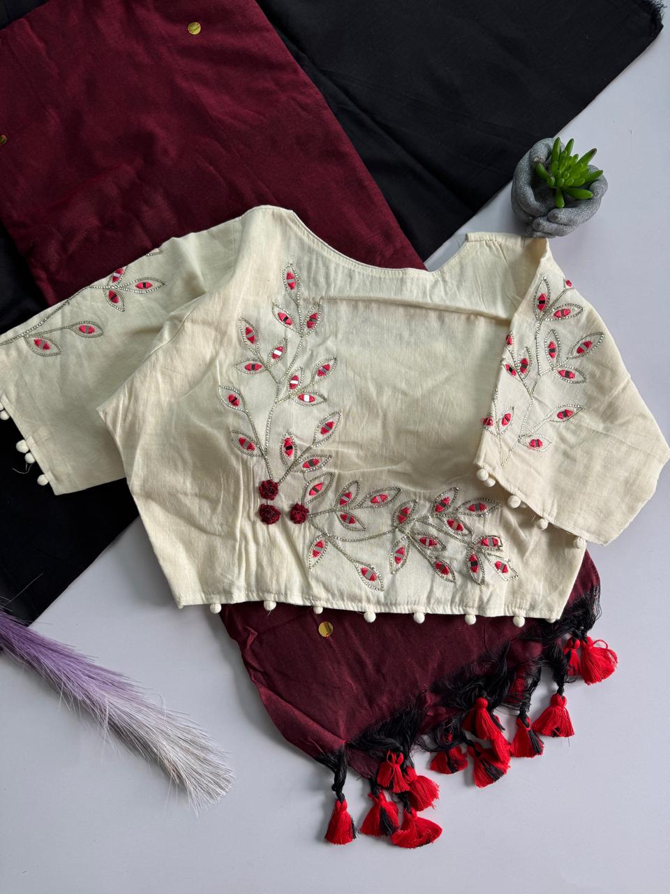 Khadi Cotton Saree with Gini Sequence & Embroidered Readymade Blouse