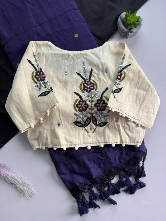 Khadi Cotton Saree with Gini Sequence & Embroidered Readymade Blouse