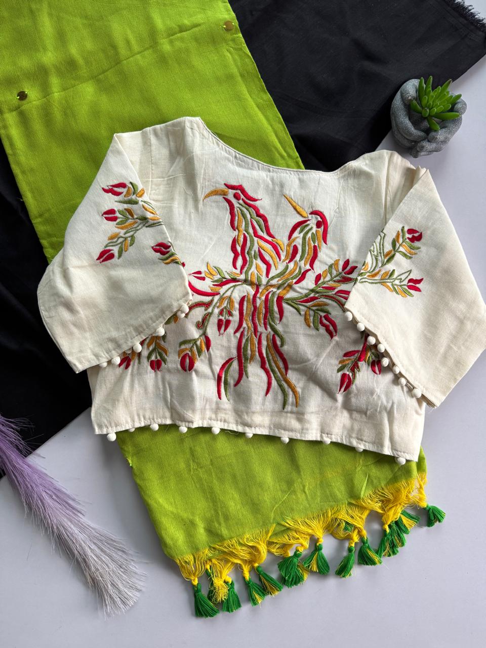 Khadi Cotton Saree with Gini Sequence & Embroidered Readymade Blouse