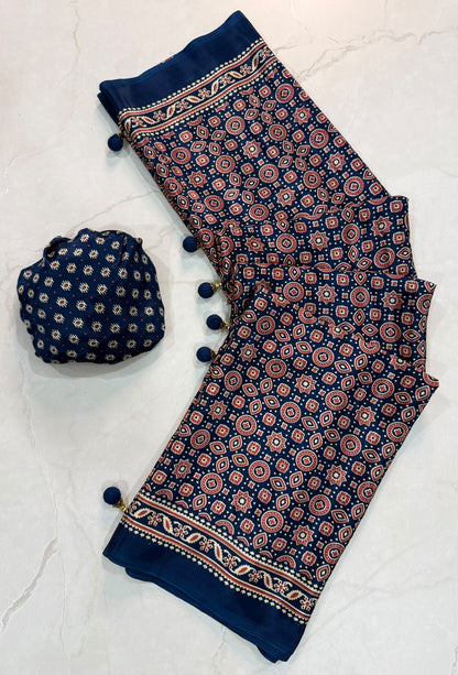 Ajrakh Semi Modal Silk Saree