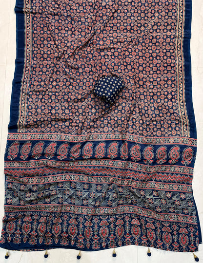 Ajrakh Semi Modal Silk Saree