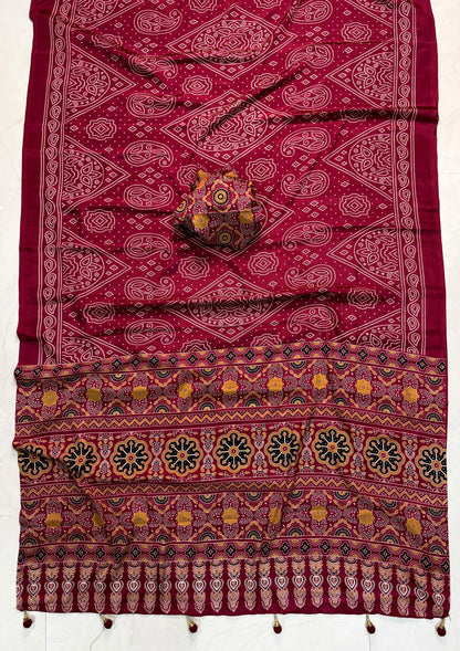Ajrakh Semi Modal Silk Saree