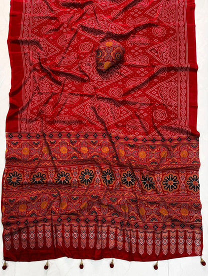 Ajrakh Semi Modal Silk Saree