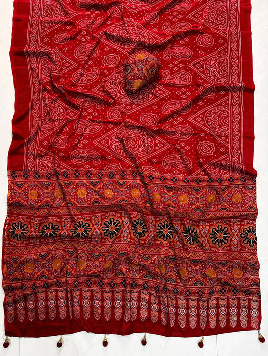 Ajrakh Semi Modal Silk Saree