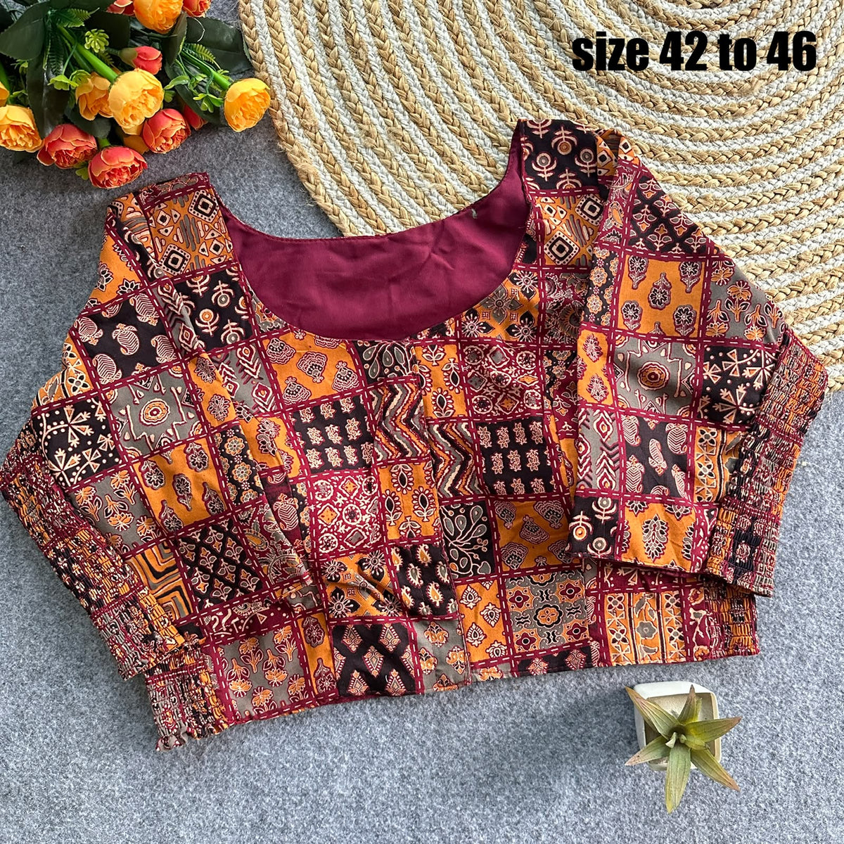 Plus Size Ajrakh Readymade Side Elastic Stretchable Brocade Silk Blouse