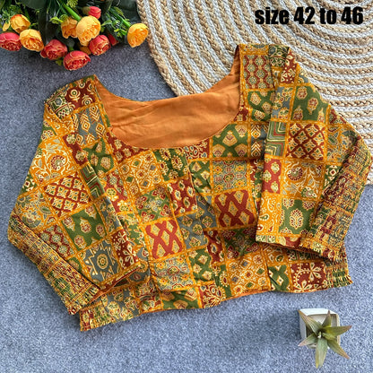 Plus Size Ajrakh Readymade Side Elastic Stretchable Brocade Silk Blouse