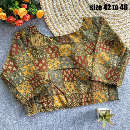 Plus Size Ajrakh Readymade Side Elastic Stretchable Brocade Silk Blouse